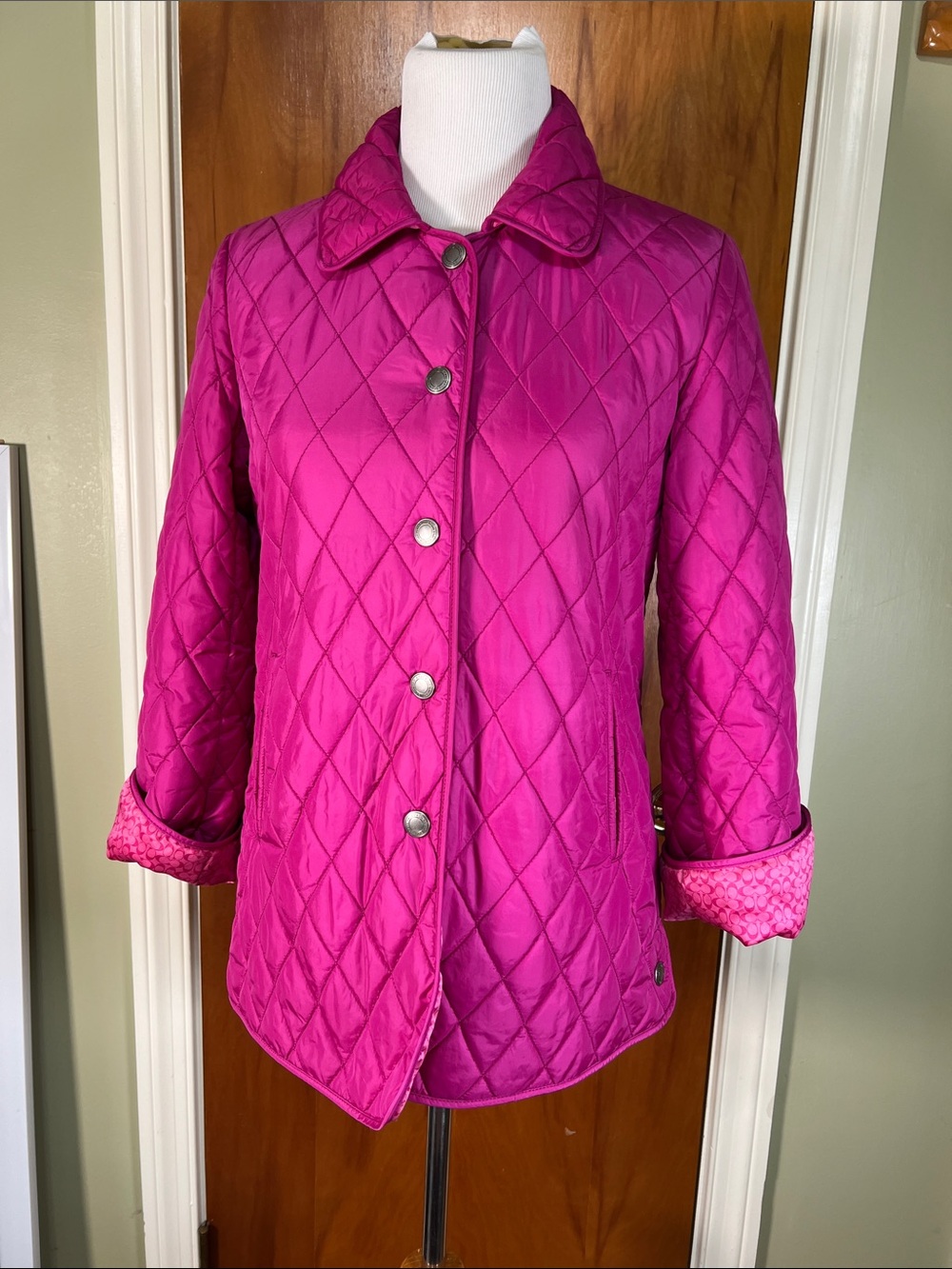 Coach Fuchsia Quilted Diamond-Pattern Puffer Jacket